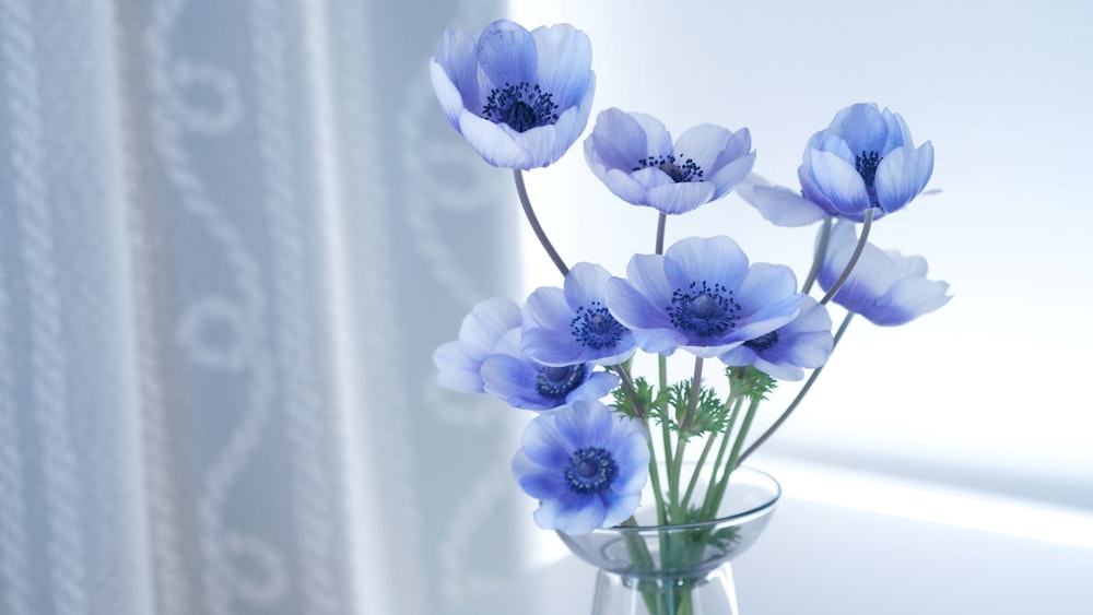 a vase filled with blue flowers on top of a table