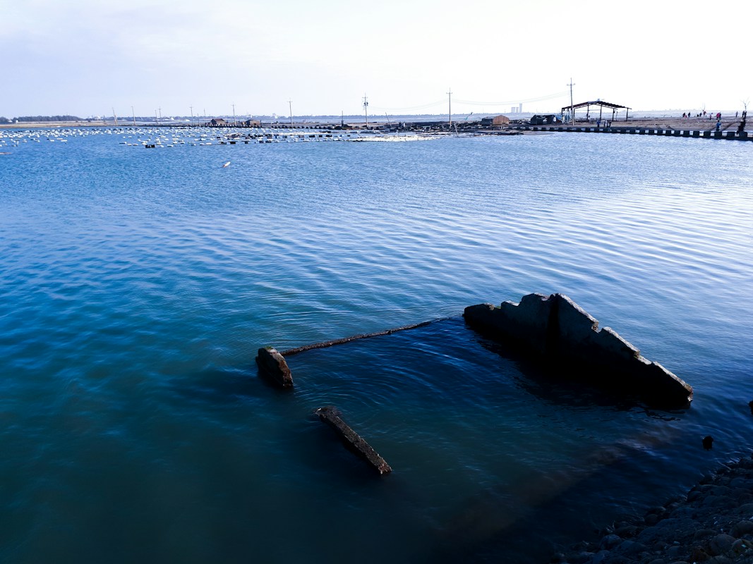 Calm lagoon water on Chiayi's west coast with rows of oyster-farming floats and a pavilion in the distance