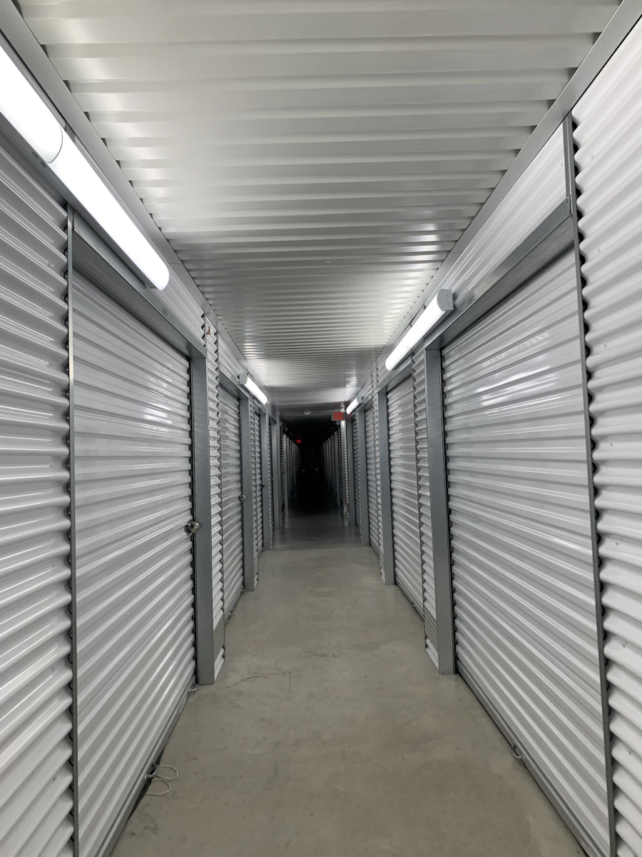 Long row of secure indoor storage units