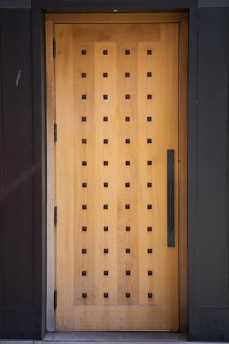 a dog is standing in front of a wooden door