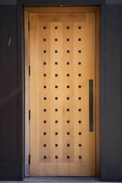a dog is standing in front of a wooden door