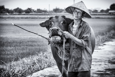 A farmer receiving a buffalo donation with a hopeful smile.