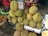 A collection of durians piled up on a stand at a market. Surrounding the durians are other fruits, including rambutans and dark purple mangosteens. Two people are seated in the background, with one wearing a bright, colorful outfit.