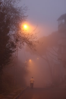 a person walking down a street in the fog