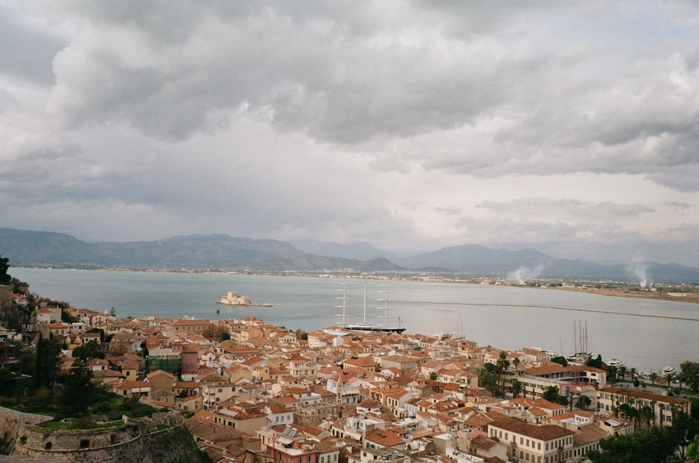 a large body of water sitting next to a city