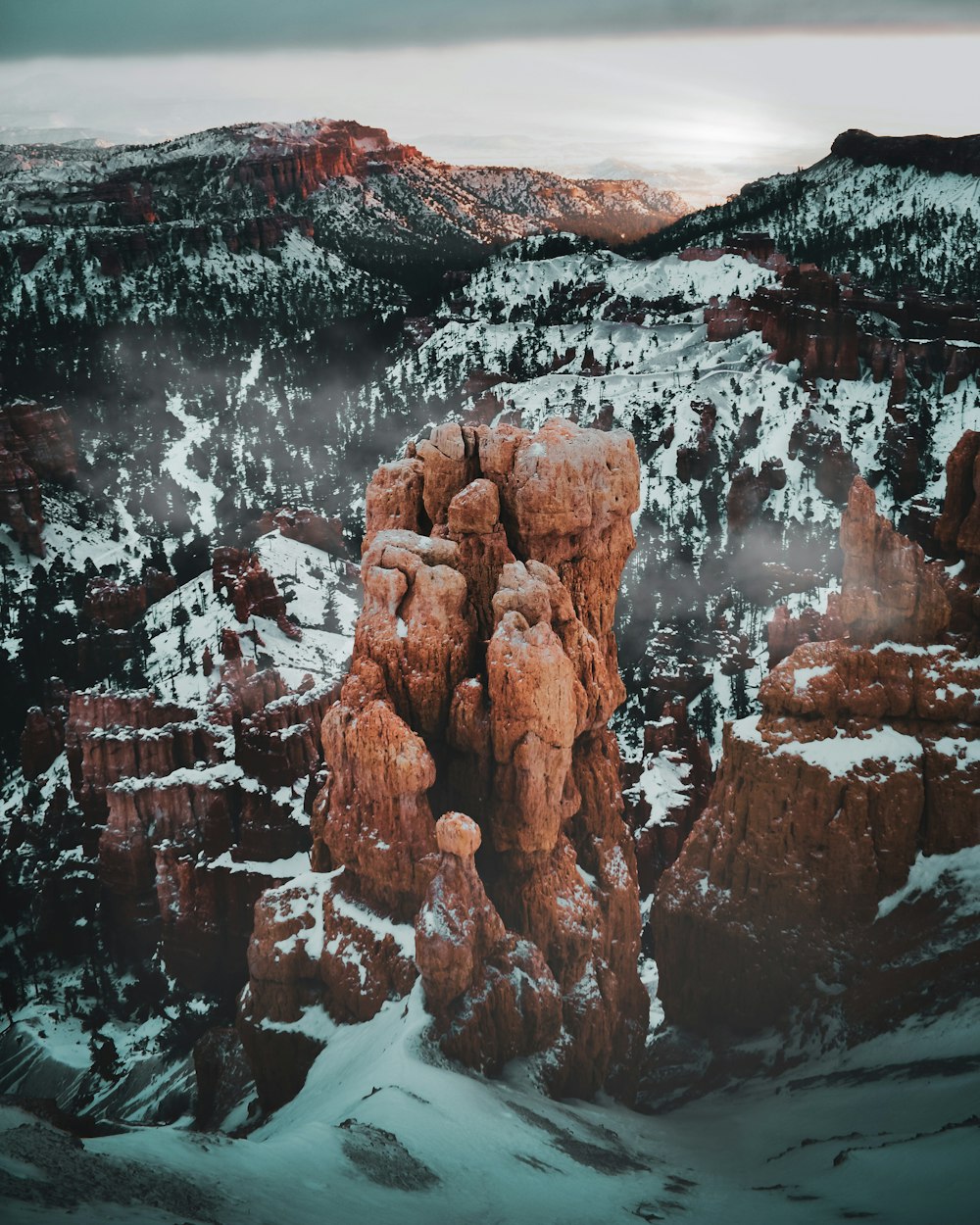 a snow covered mountain with rocks and trees