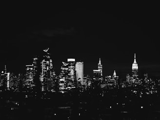 A detailed sketch of a city skyline at night.