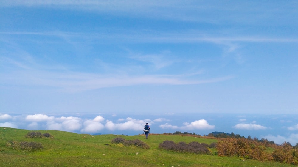 Un uomo in piedi sulla cima di una collina verde lussureggiante