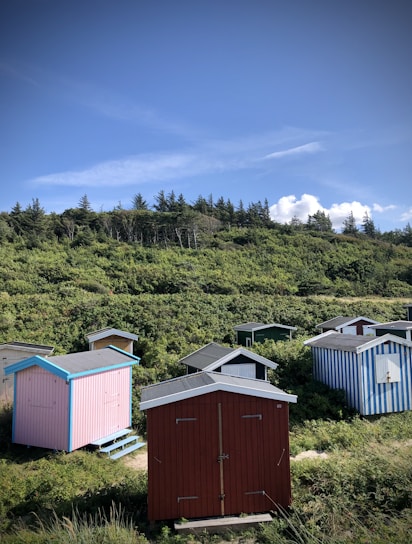 a group of beach huts sitting on top of a lush green hillside