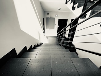 a black and white photo of a staircase