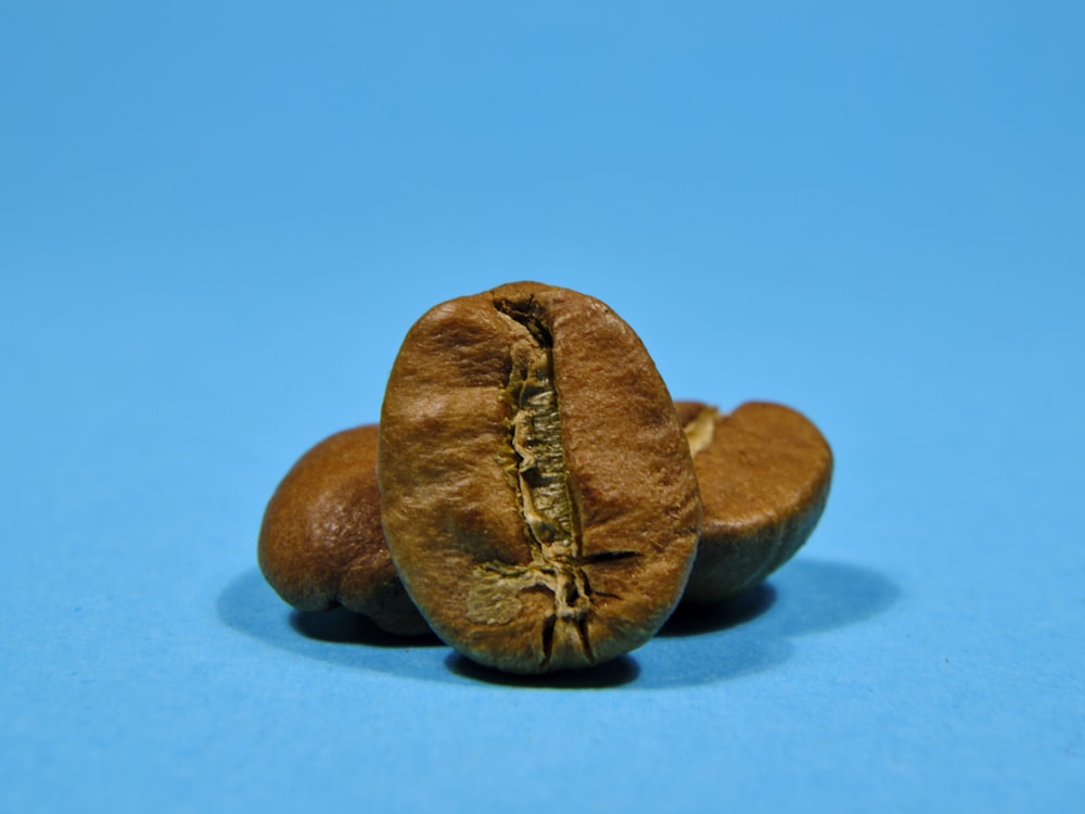 a couple of nuts sitting on top of a blue surface