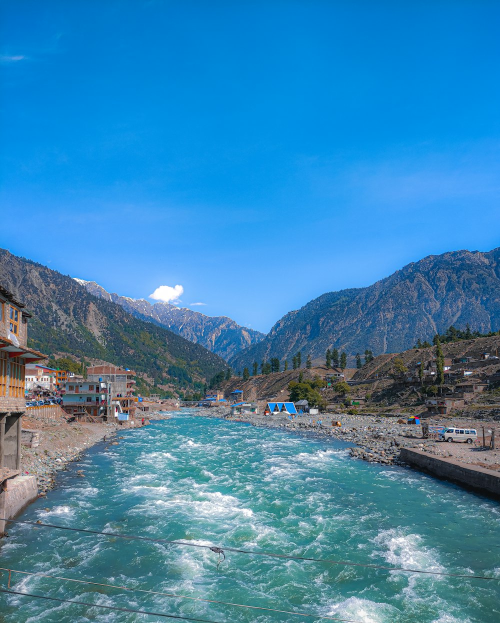 a river running through a town surrounded by mountains