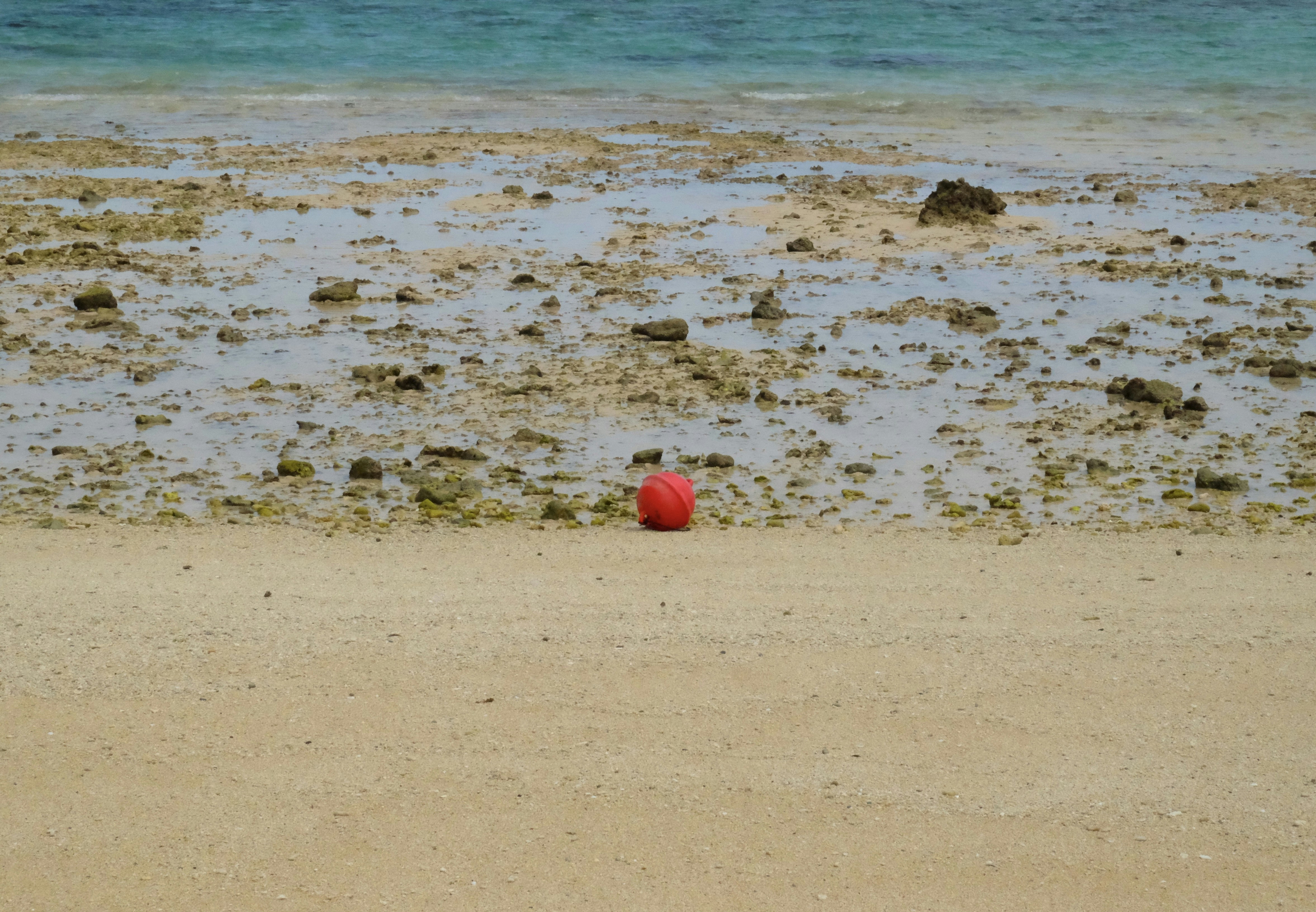 a red ball sitting on top of a sandy beach