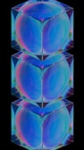 Three stacked, transparent cubes with an iridescent effect on a black background. The cubes exhibit a range of colors including blue, green, and pink, creating a holographic appearance. Each cube appears to reflect and refract light.
