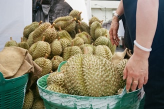 a person standing next to a pile of fruit