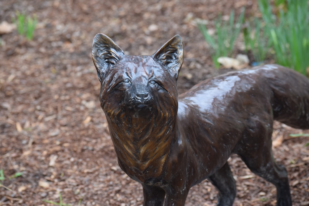 Una estatua de bronce de un perro en un jardín