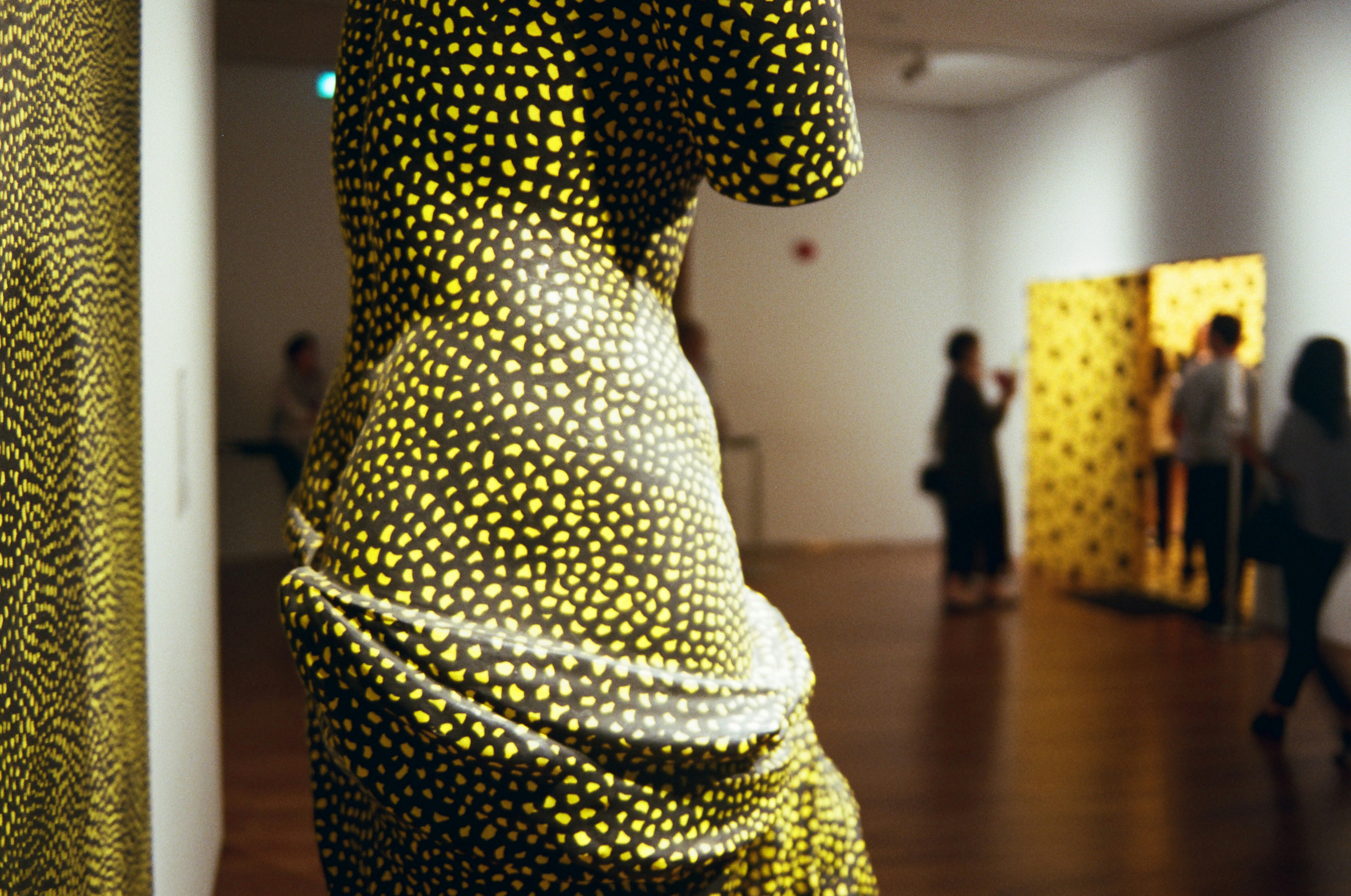 a group of people standing around a museum, 