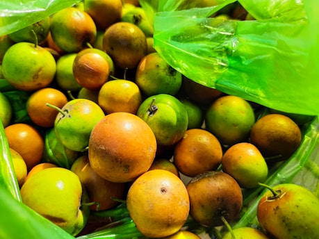 A cluster of ripe and unripe fruits with a mixture of green and orange hues, surrounded by green plastic bags.