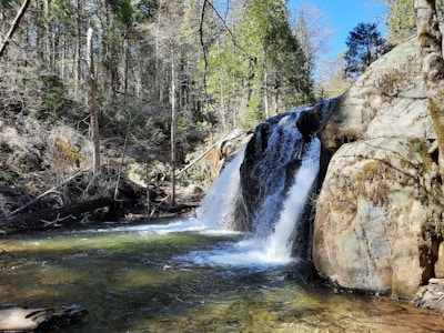 A crystal-clear waterfall cascading into a natural pool surrounded by forest