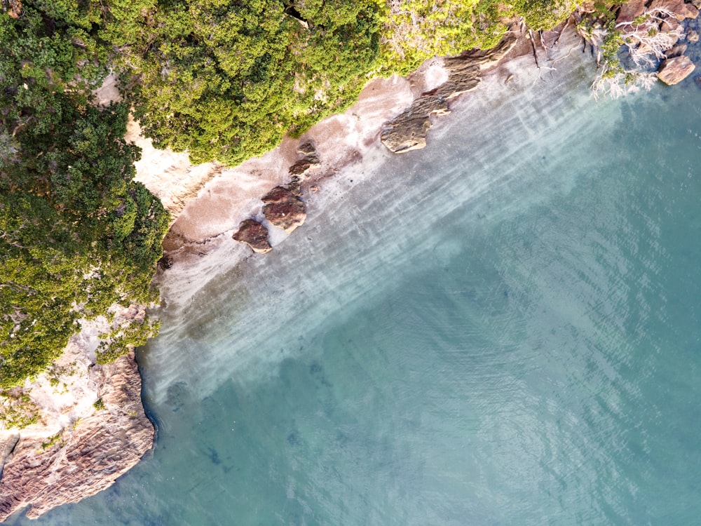 an aerial view of a body of water surrounded by trees