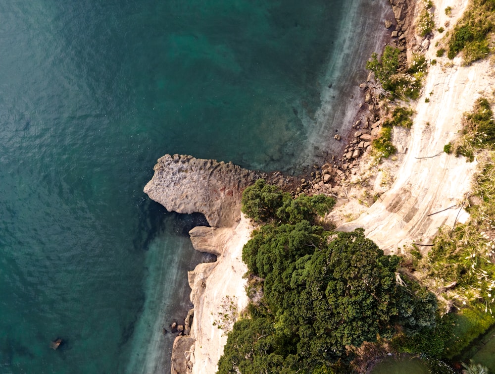 an aerial view of a beach and a body of water