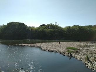 A fisherman casting his line into a sparkling river under a clear blue sky.