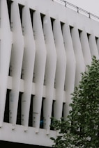 A modern architectural facade with vertical, angular elements on a building. The design features prominent, repetitive slats that create shadows and depth. A tree with green leaves is partially visible in the foreground, adding a natural element to the scene.