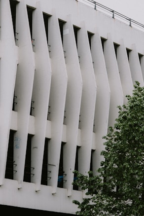 A modern architectural facade with vertical, angular elements on a building. The design features prominent, repetitive slats that create shadows and depth. A tree with green leaves is partially visible in the foreground, adding a natural element to the scene.