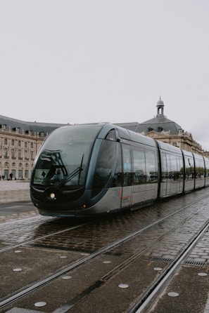 A modern light rail vehicle crossing a scenic bridge over a river.