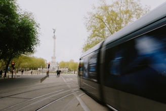 A high-speed train moves along the tracks in an urban park setting. In the background, there is a tall monument with a statue at the top. Trees with fresh green leaves are visible, and a few people stand nearby. The scene captures the motion of the train as it blurs past.