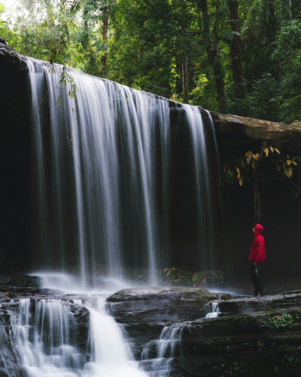 a person standing in front of a waterfall