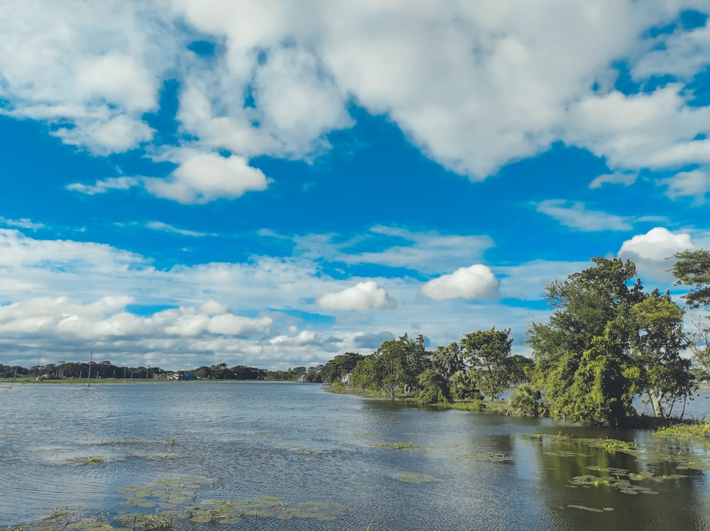 a body of water surrounded by trees and clouds