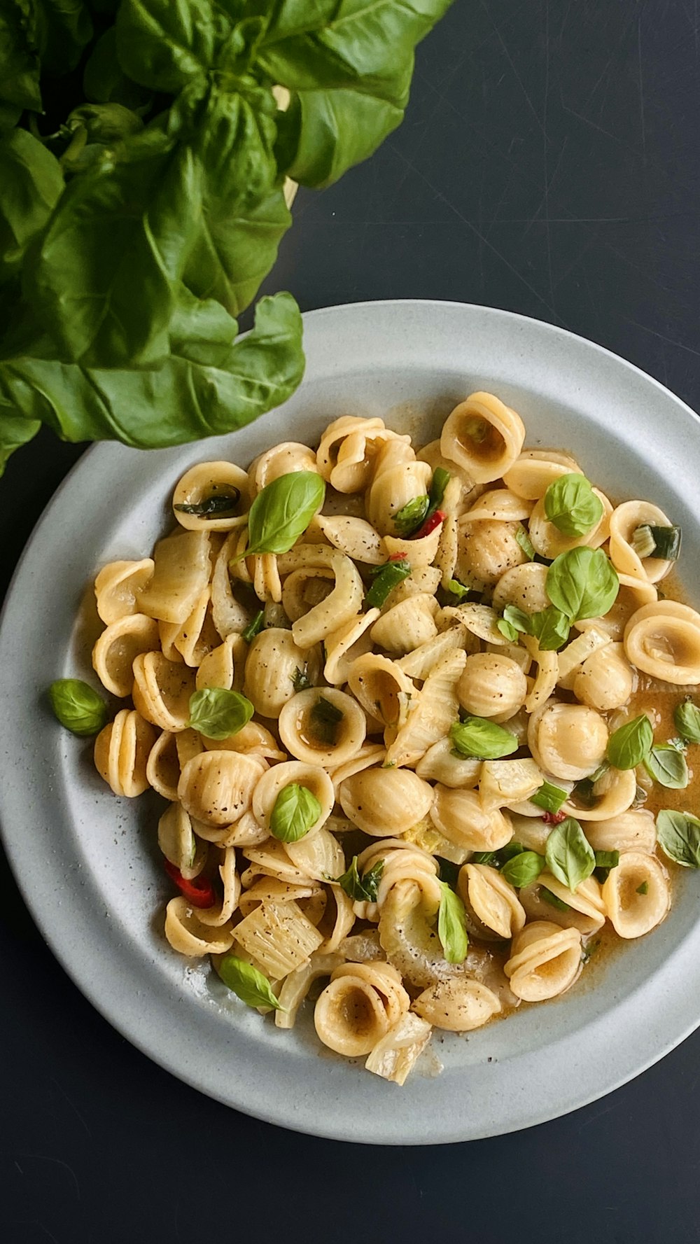 a plate of pasta with spinach and sauce