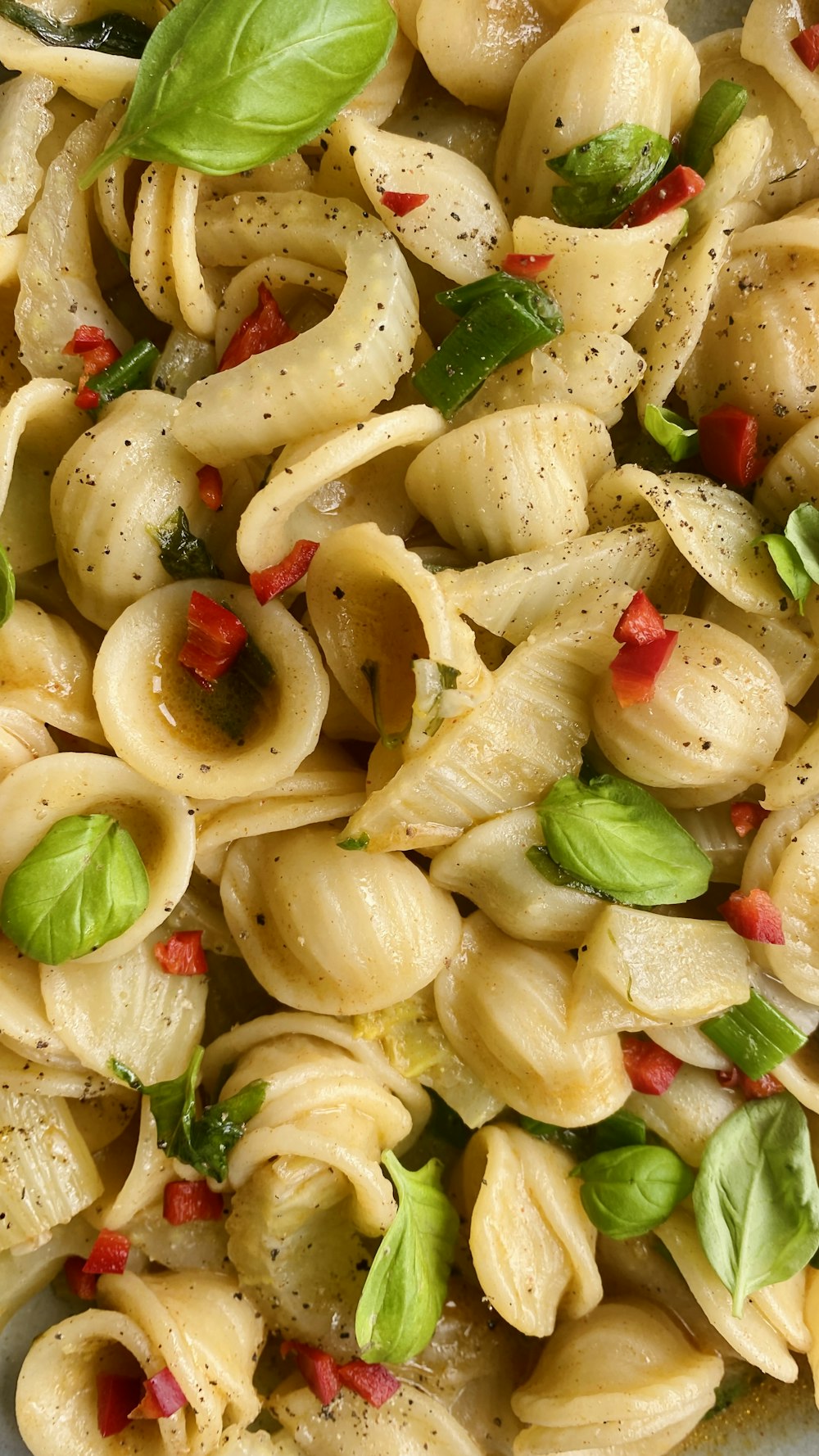 a close up of a plate of pasta with basil