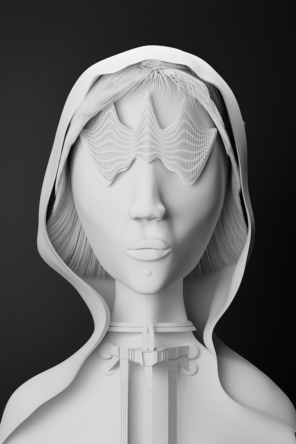 a white mannequin with a hood on