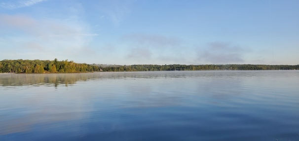 A calm lake reflecting muted blue skies, framed by gentle greenery.