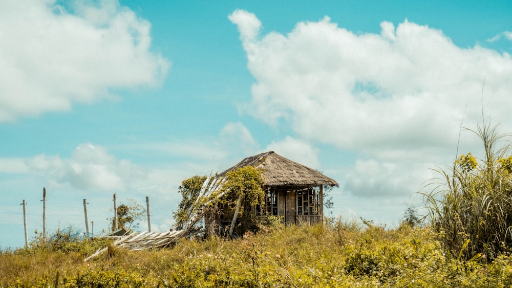 a hut in the middle of a grassy field