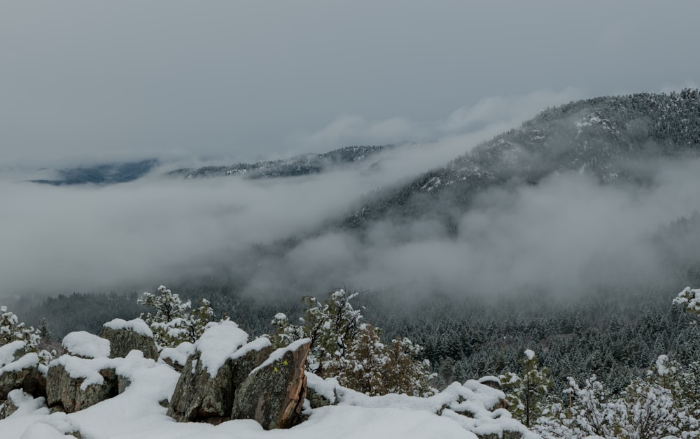 a mountain covered in snow with low clouds