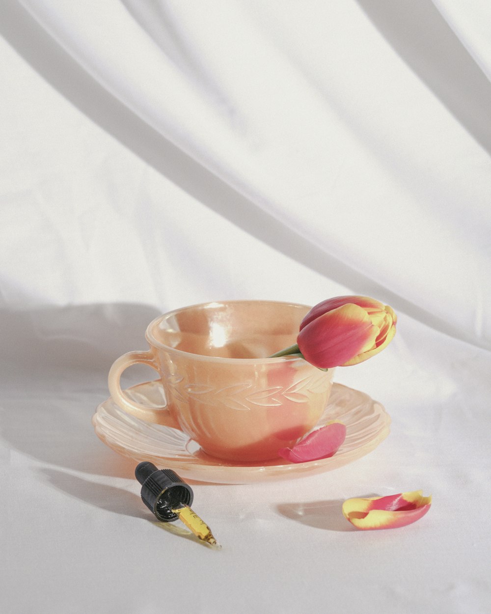 a cup with a flower in it sitting on a saucer