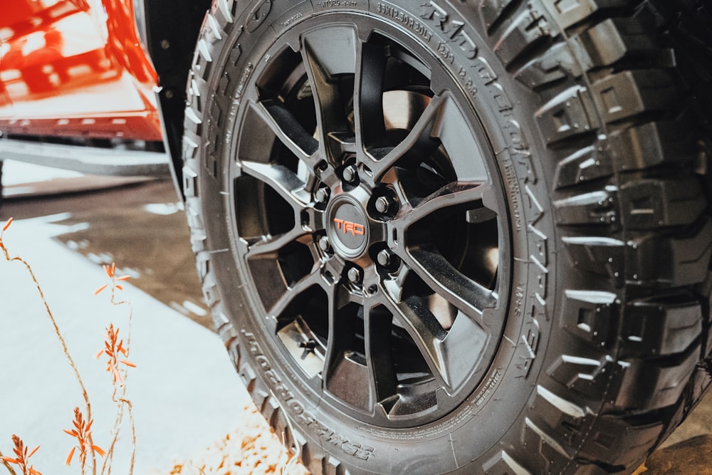 a close up of a tire on a vehicle