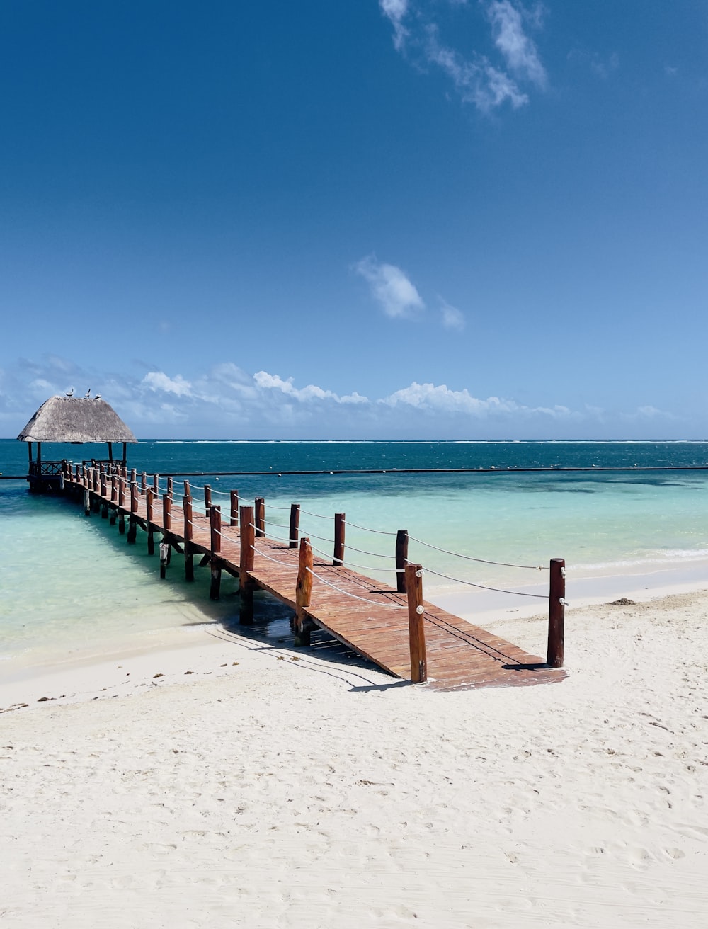 a pier on a beach with a hut in the background