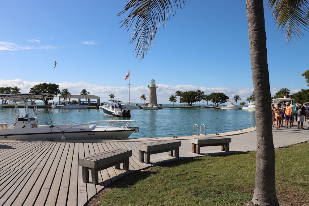 a group of people standing on a pier next to a body of water