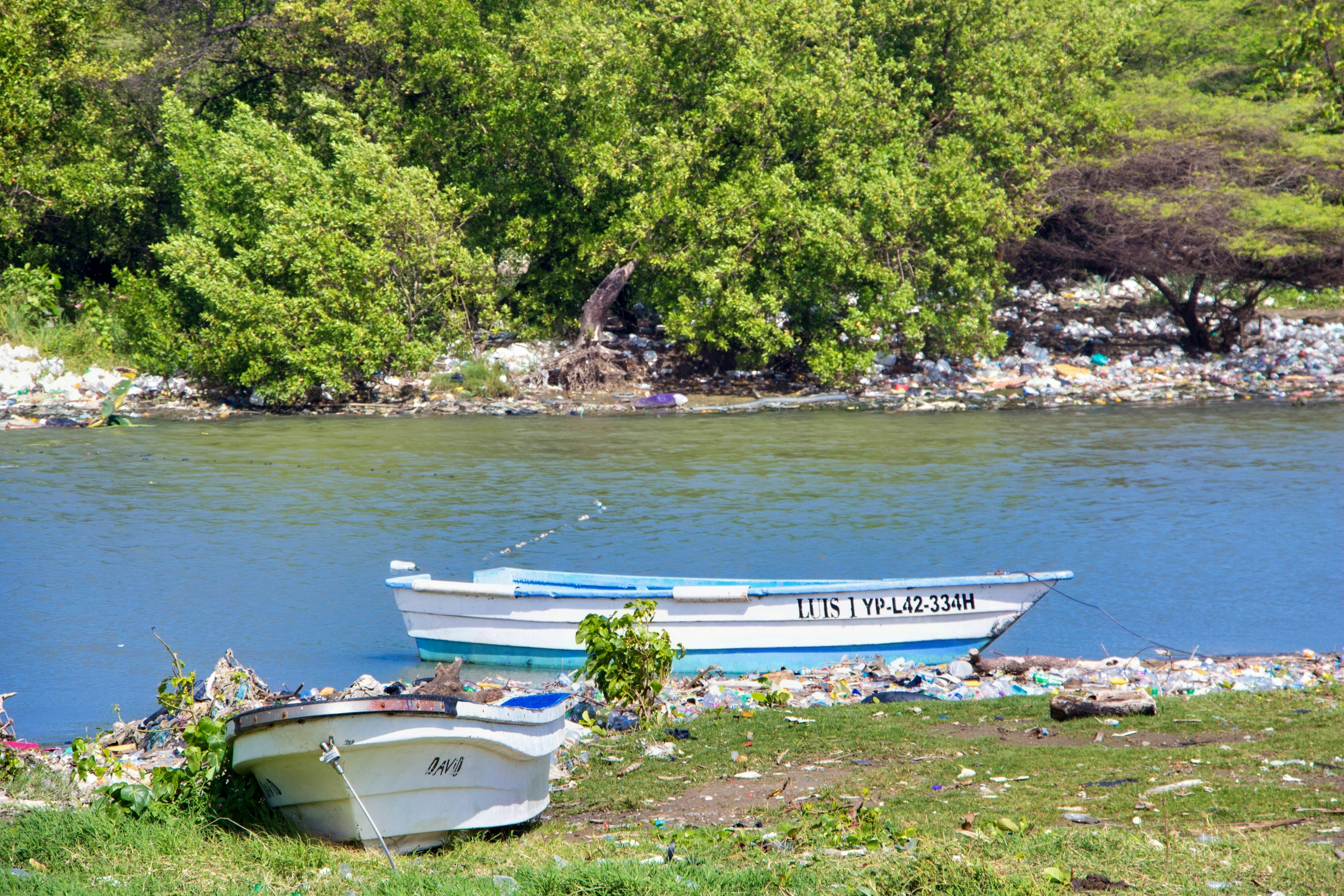 um par de barcos que estão sentados na grama