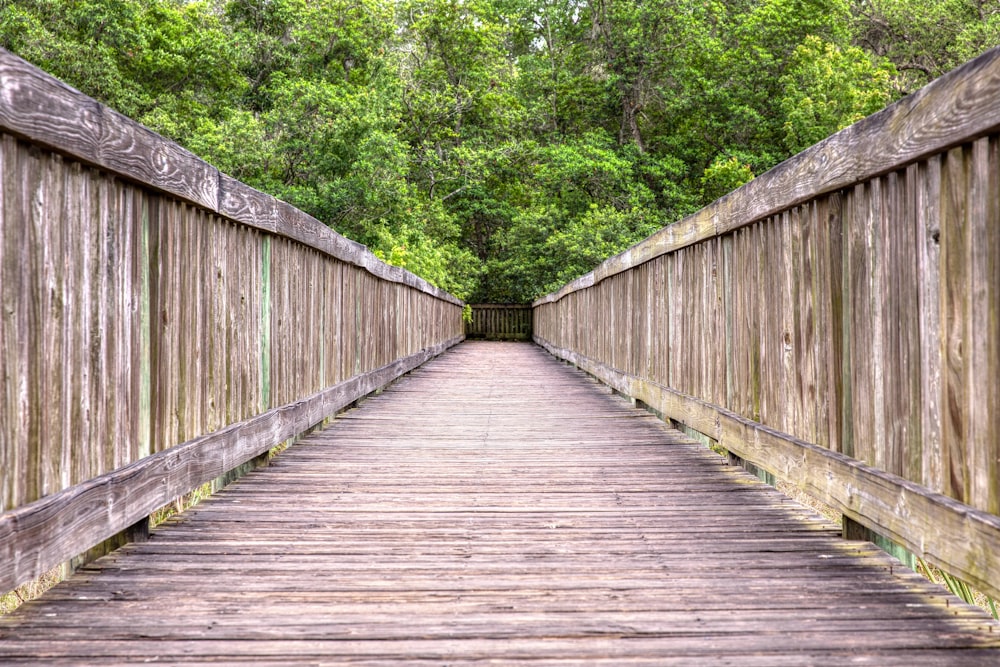 a wooden bridge with trees in the background