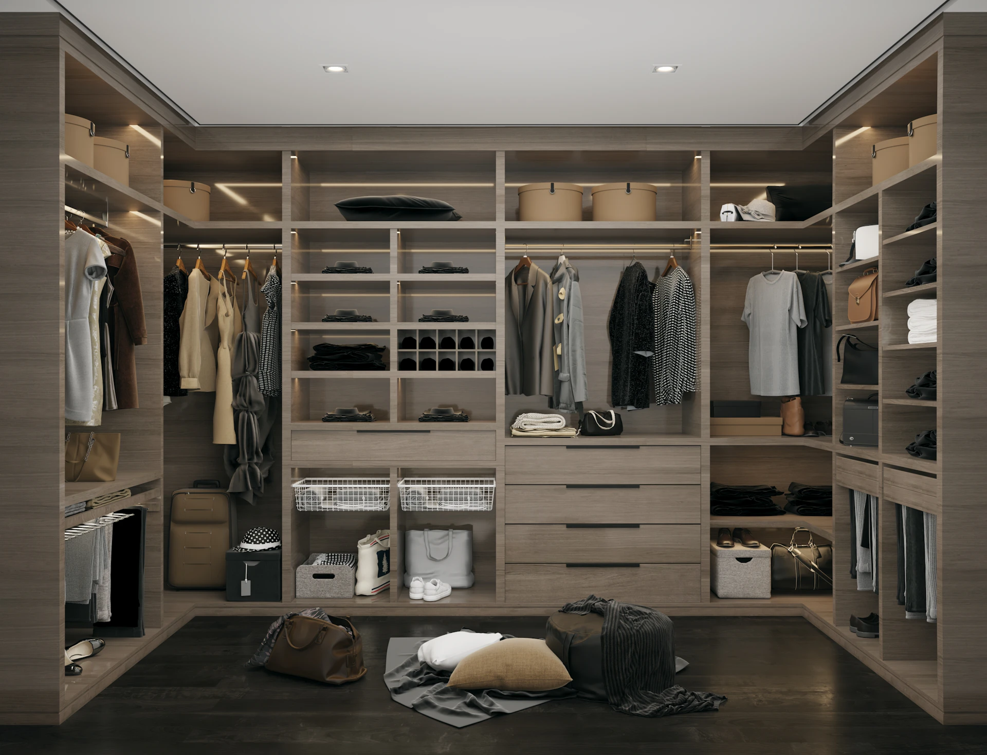 Walk-in closet filled with organized clothing