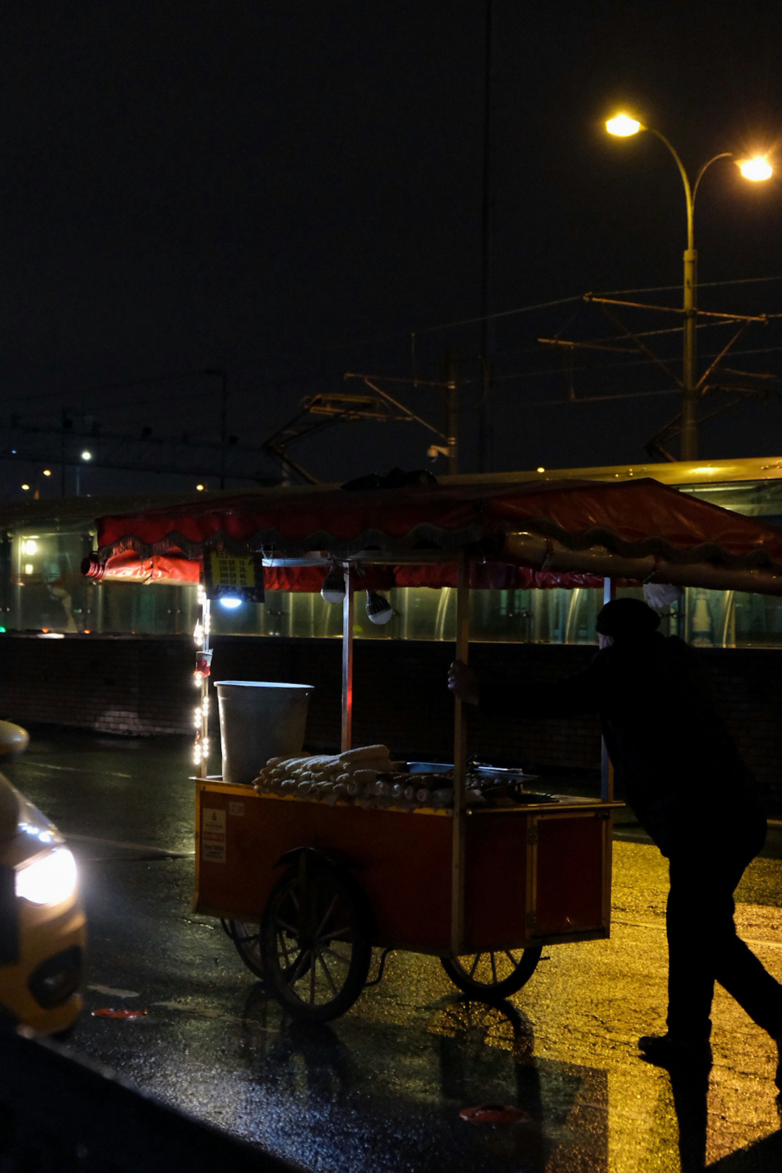 a person pushing a cart with food on it