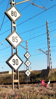 A series of railway speed limit signs displaying numbers 80, 85, and 90 are positioned alongside a railway track. The signs are mounted on metallic poles, and overhead cables are visible against a clear blue sky. In the grass beside the tracks, a small, overturned child's tricycle is seen.