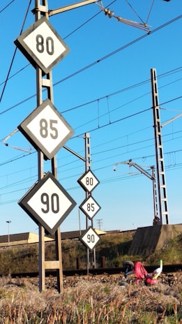 A series of railway speed limit signs displaying numbers 80, 85, and 90 are positioned alongside a railway track. The signs are mounted on metallic poles, and overhead cables are visible against a clear blue sky. In the grass beside the tracks, a small, overturned child's tricycle is seen.