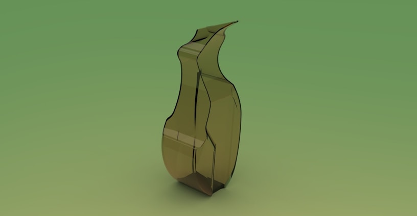 A translucent, sculptural object with sleek, flowing curves set against a smooth green background. The object appears to be a modern vase or decorative piece, characterized by its geometric shape and subtle transparency.