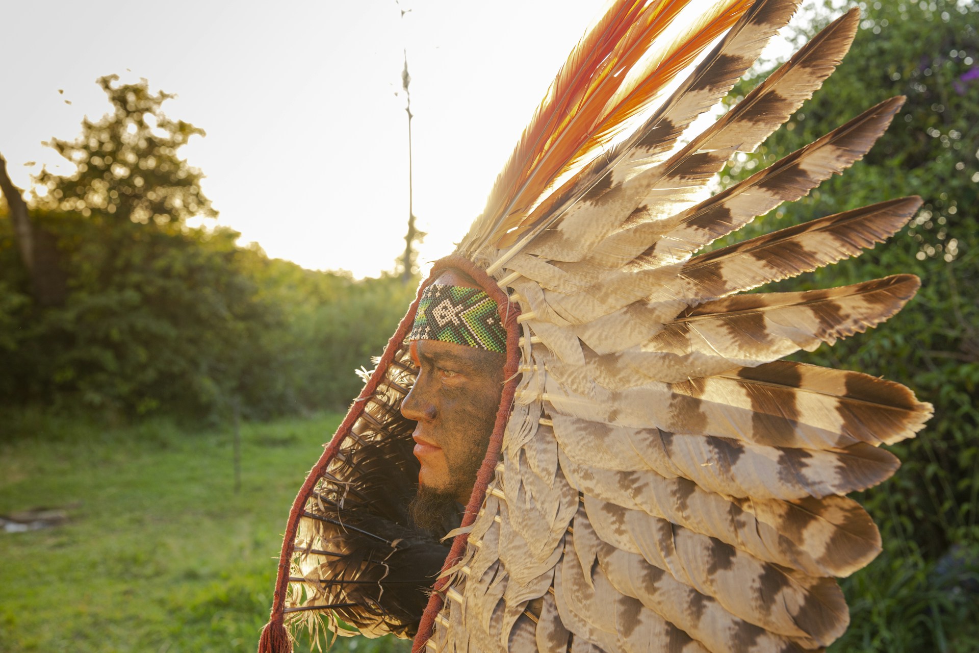 a person with a headdress on standing in a field